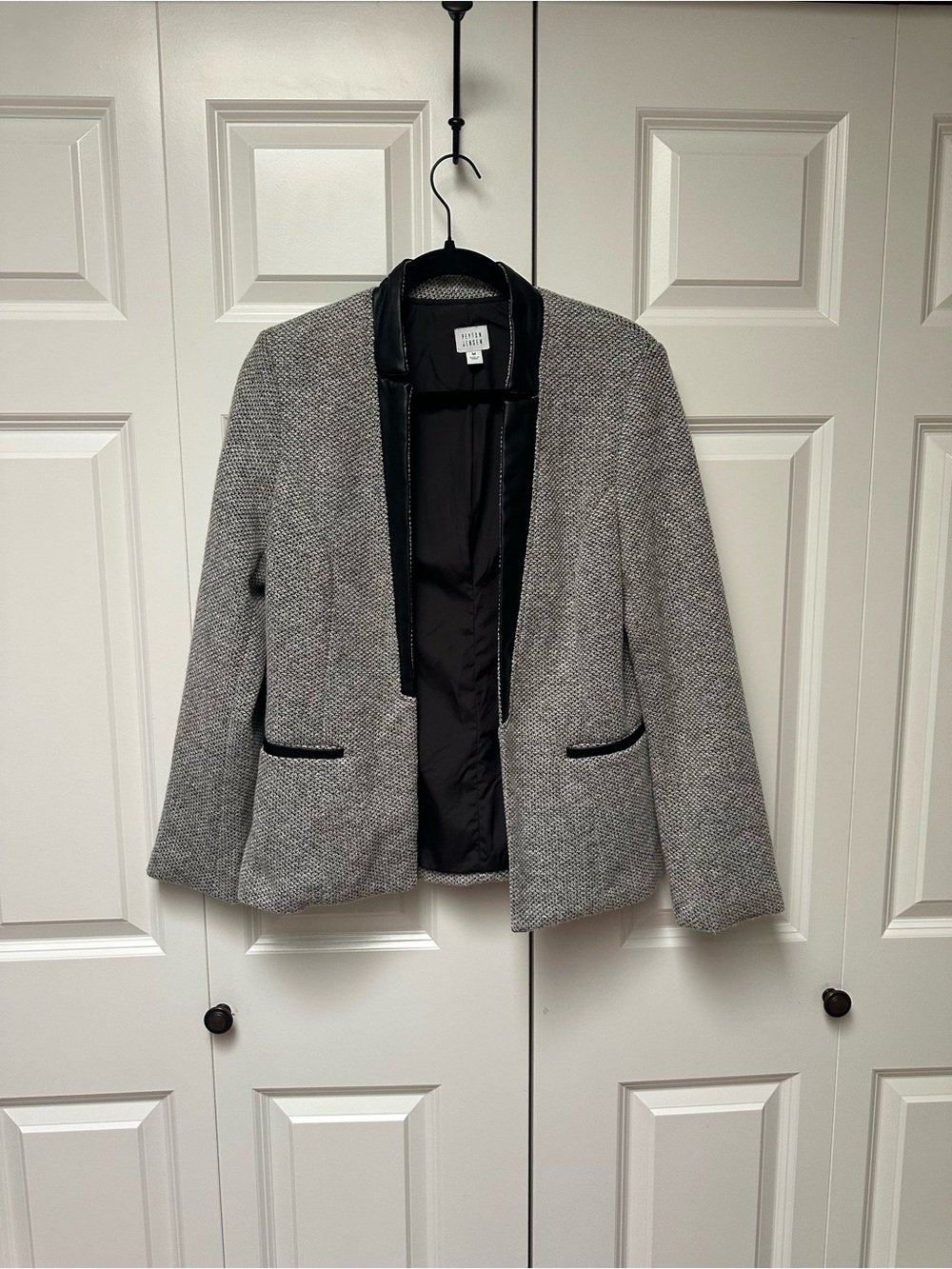 Gray Tweed Open-Front Blazer with Black Trim